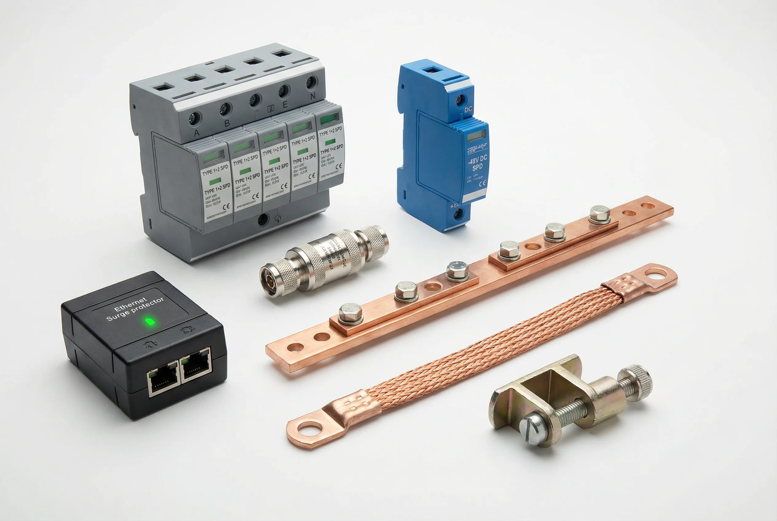 Core Lightning Protection Products — AC SPD, DC SPD, Ethernet SPD, Coax Protector, MEB, Bonding Strap